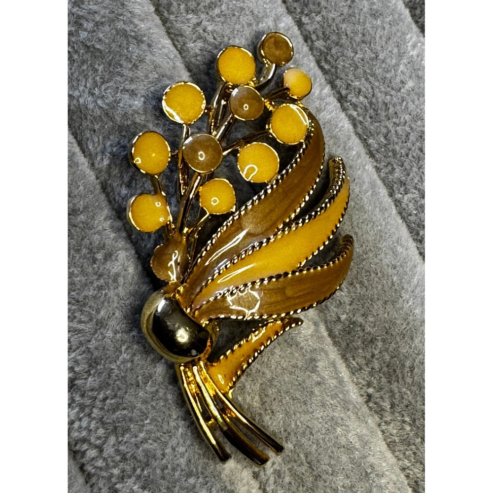 Vintage Gold Tone Yellow Enamel Floral Wheat Spray Brooch Pin 2.25" Wheat Fall